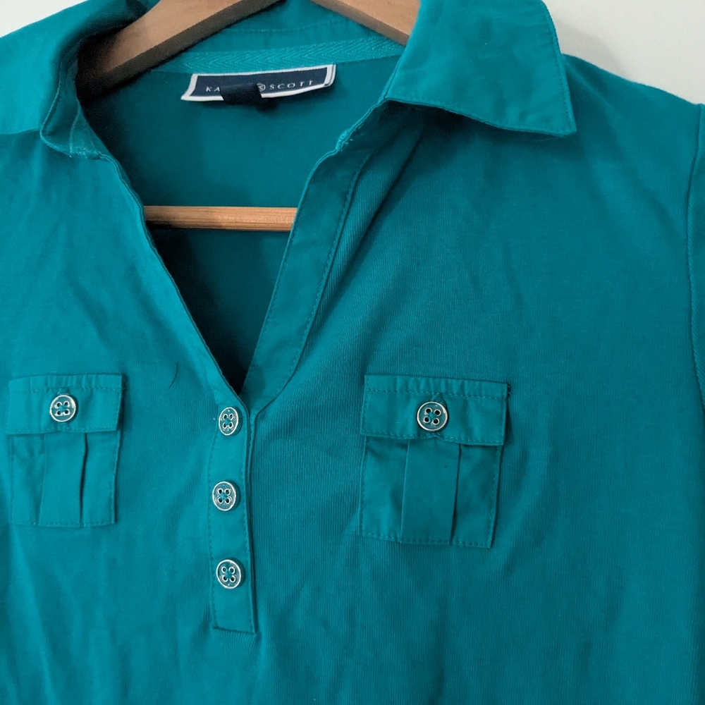NWT! Karen Scott Teal Knit Polo Top - Picture 3 of 7